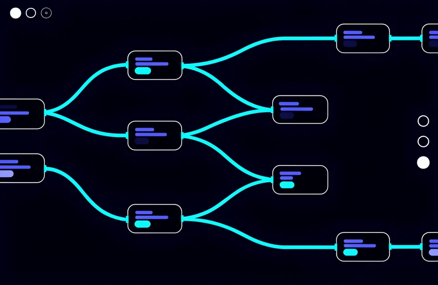 Workflow automation interface with connected process blocks joined by glowing cyan pipeline lines