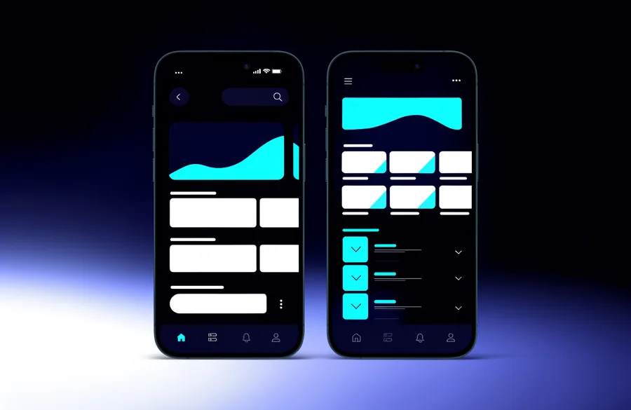 Mobile application screens showing a clean card-based interface with cyan accents